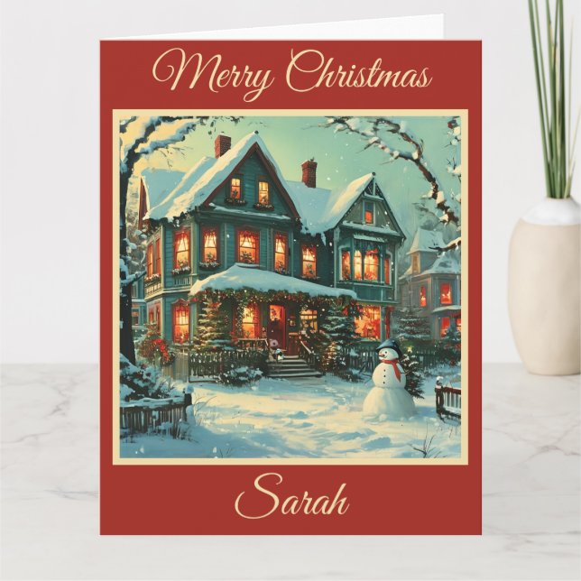 Cartão Cena de Natal Nostálgica com Snowman (Frente)