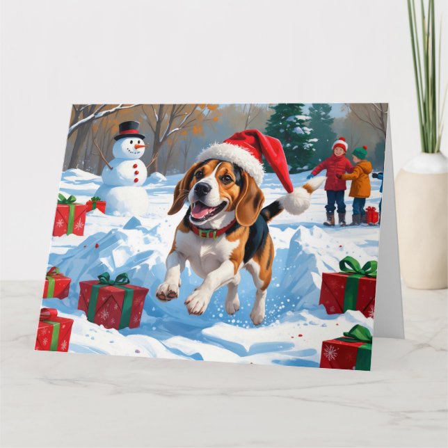 Cartão Cena de Neve de Natal do Beagle (Frente)