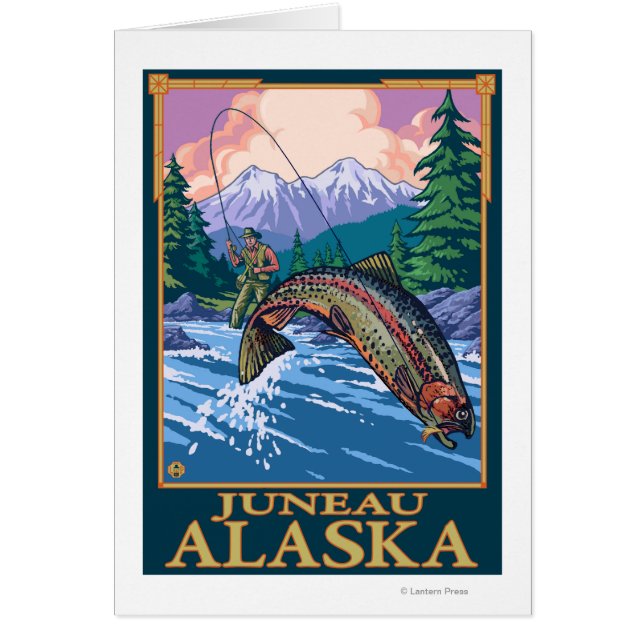 Cartão Cena de Pesca de Voo - Juneau, Alasca (Frente)