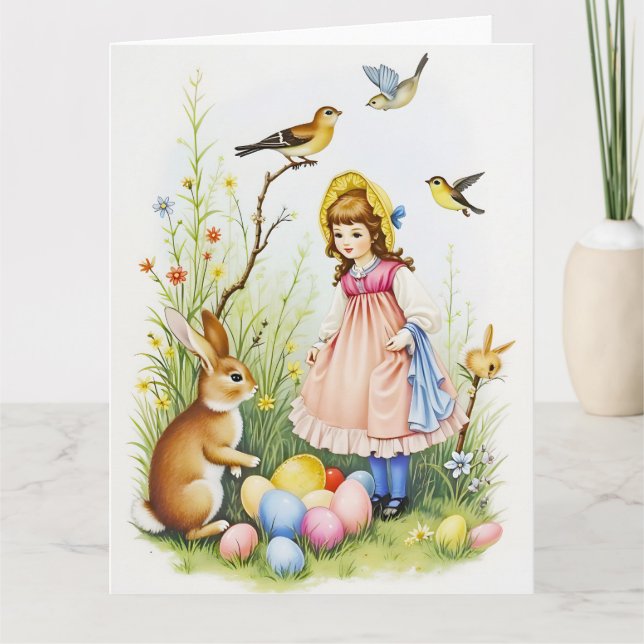 Cartão Cena de primavera com menina, coelho e ovos de Pás (Frente)