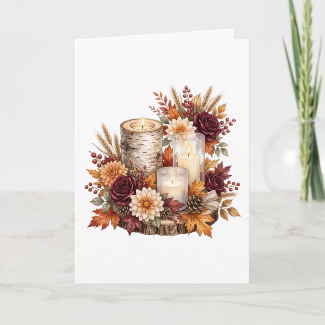 Cartão Centro de Mesa Floral com Vela Outonal Rústica (Frente)