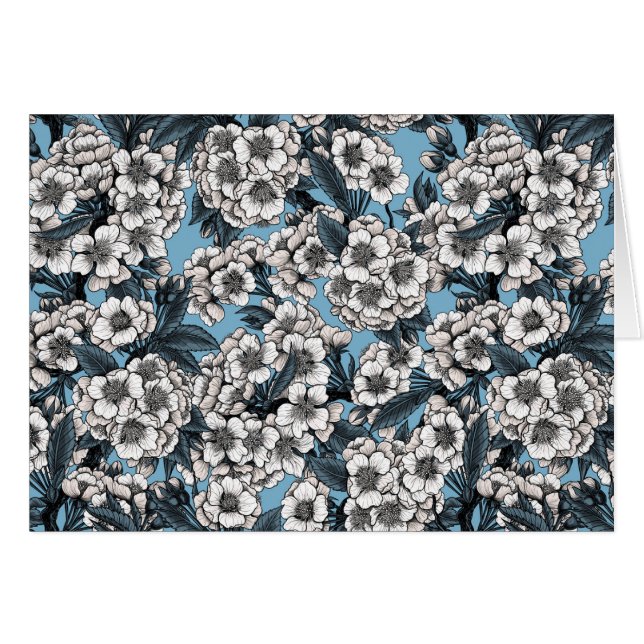 Cartão Cereja floresce em branco e azul (Frente Horizontal)