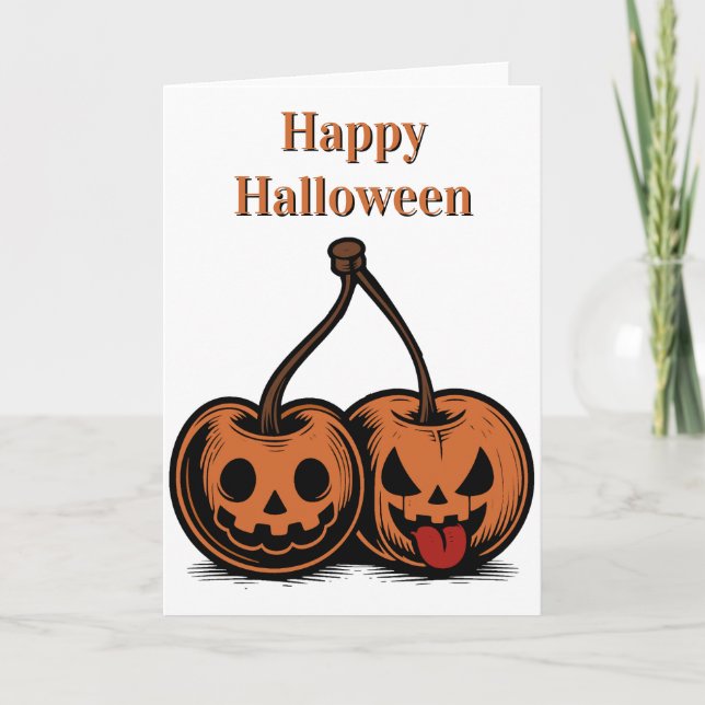 Cartão Cerejas Feliz Halloween Abóbora (Frente)