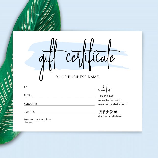 Cartão Certificado de Presente Comercial de Tendência de  (Light blue gift voucher with editable watercolor background, great for salons and boutiques)