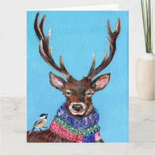 Cartão Cervo de Inverno com Chickadee