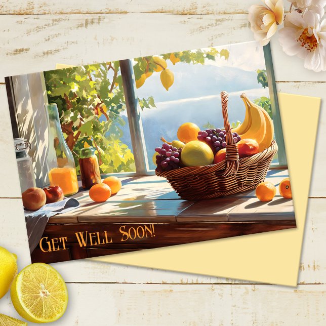 Cartão Cesta de Fruta de Aquarela fica bem em breve (Get Well Soon card featuring a watercolor painting of a fruit basket overlooking the ocean)