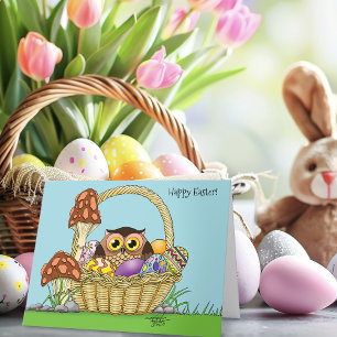 Cartão Cesta de Páscoa de Pastel Cute Owl Ovos Cogumelos