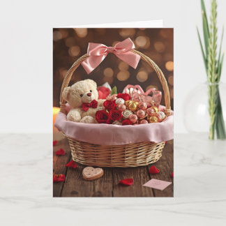 Cartão Cesta Romântica de Rosa Teddy, Saudação de Amor no