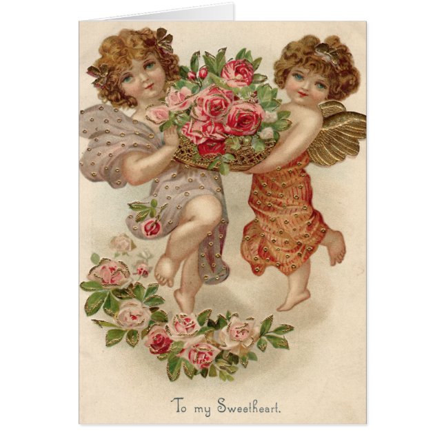 Cartão Cesto de Anjo Querubim Cupido Rosas Rosa (Frente)