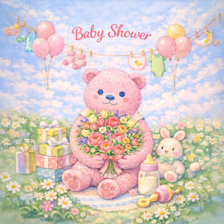 Cartão Chá de Bebê – Ilustração Floral de Urso Rosa
