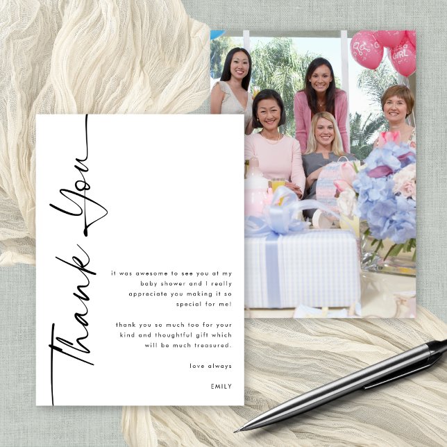 Cartão Chá de fraldas de Fotografia de Script Preto Girad (Front and back view. Available digitally or printed. Add your photo on the back)