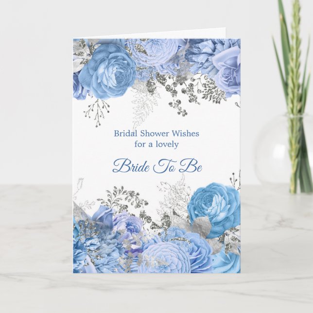 Cartão Chá de panela Floral de Prata Azul Chic (Frente)