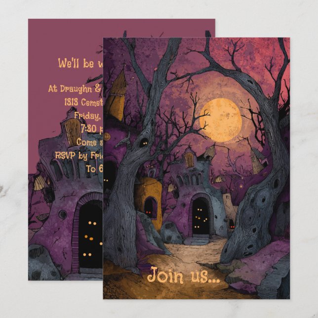 Cartão Chamada Inspirada por Tim Burton, Cemitério Gótico (Frente/Verso)