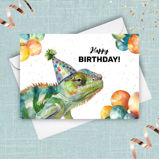 Cartão Chameleon Lizard Wild Animal Colorful Hat Aniversá (Chameleon Birthday Card)
