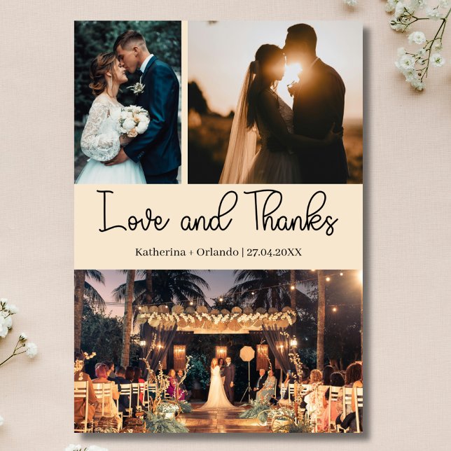 Cartão Champagne Love & Thanks Three Photo Wedding (Criador carregado)