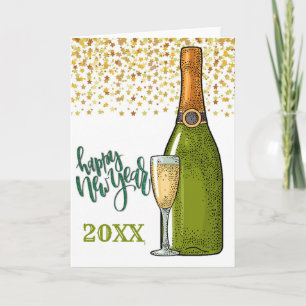Cartão Champanhe de feliz ano novo e Estrelas Douradas