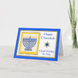 Cartão Chanukah deseja Menorah Contemporânea<br><div class="desc">Feliz Chanukah Boa Vontade,  menorah contemporânea com velas azuis,  cartão de boas-vindas em papel. Ilustração digital com um menorah aceso e uma Estrela de David. Arte,  imagem e direitos de autor versos © Shoaff Ballanger Studios,  2024.</div>