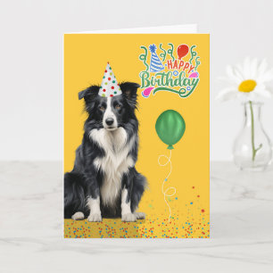 Cartão Chapéu de Aniversário Amarelo Cachorro Border Coll