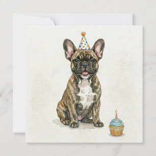 Cartão Chapéu de Aniversário de Cupcake de Bulldog Francê