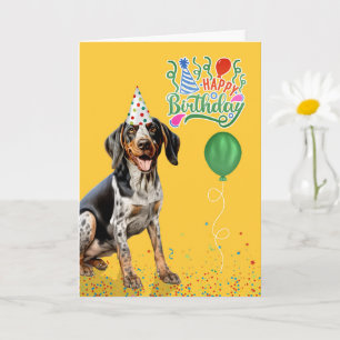 Cartão Chapéu de festa de aniversário amarelo do cão Blue
