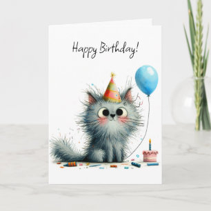 Cartão Chapeu de Festa de Aniversário Balão Cinza Gato Ca