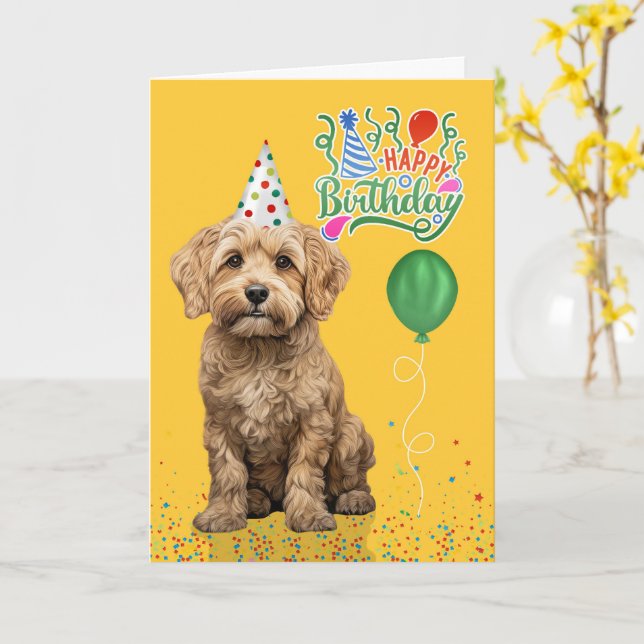 Cartão Chapéu de festa de cachorro Cockapoo amarelo de an (Flor Amarela)