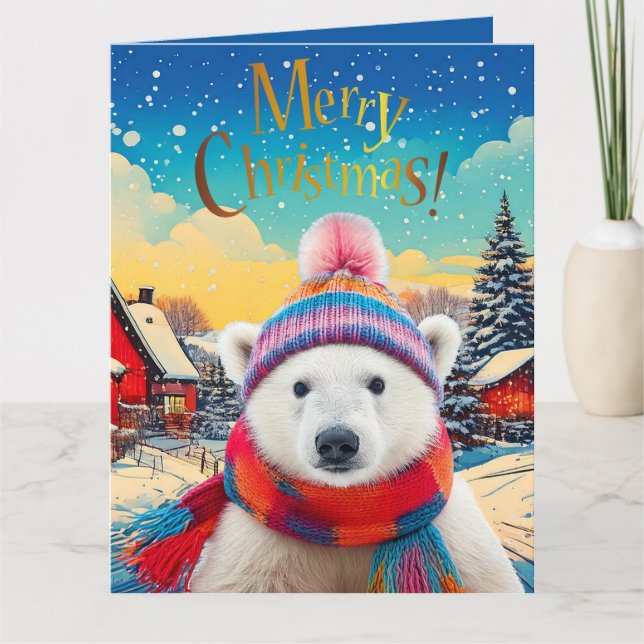 Cartão Chapéu do Polar Bear Santa e cachecol Feliz Natal (Frente)