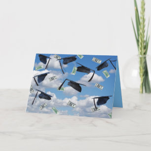 Cartão Chapéus de graduação e dinheiro no céu
