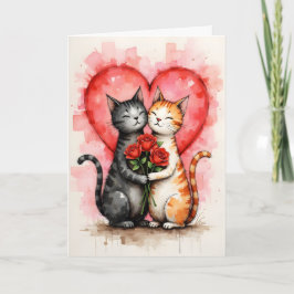 Cartão Charming Cats Valentine Hearts and Red Roses