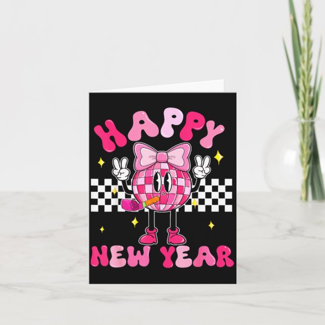 Cartão Checkered Happy New Year 2026 Disco Ball New Year  (Frente)