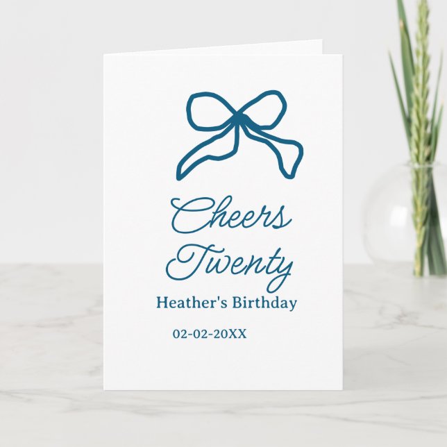Cartão Cheers twenty blue birthday bow name date boho ret (Frente)