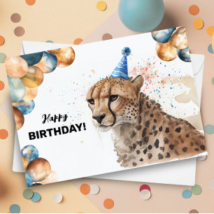Cartão Cheetah com balões e festa feliz aniversário