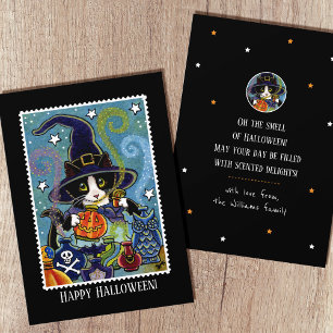 Cartão Cheiro Divertido de Bruxa de Gato Halloween