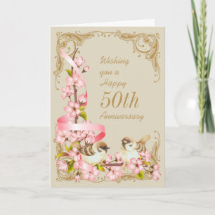 Cartão Cherry Blossoms & Birds 50º Aniversário Card