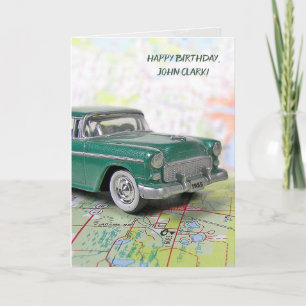 Cartão Chevrolet 1955 retro no aniversário do mapa de