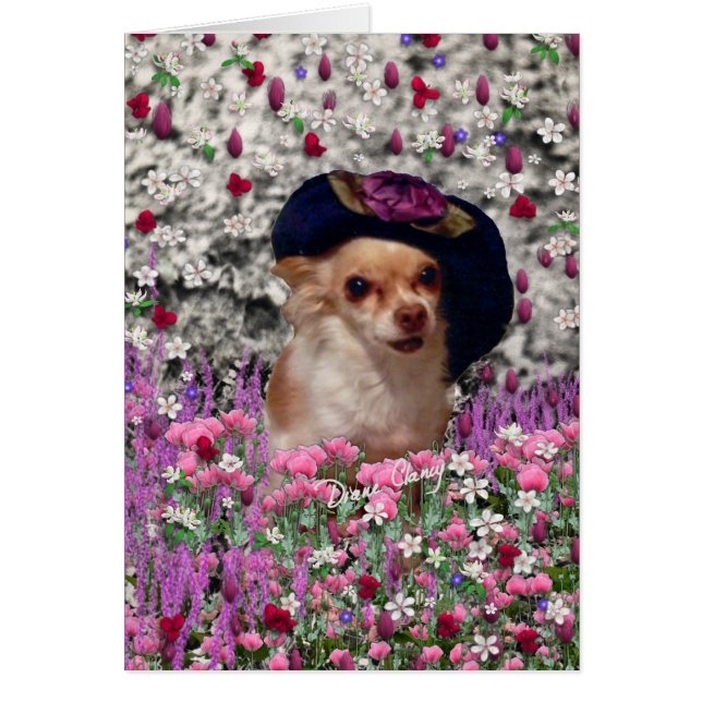 Cartão Chi Chi in Flowers - Chihuahua Puppy no Chapéu Bon (Frente)