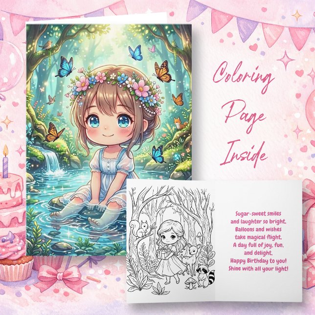 Cartão Chibi Girl in Enchanted Forest Birthday | Color Me (Criador carregado)