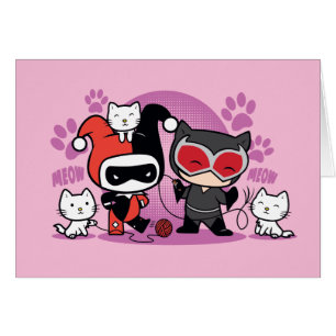 Cartão Chibi Harley Quinn & Chibi Catman Com Gatos
