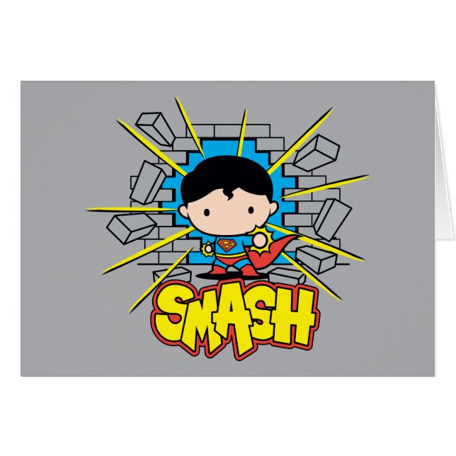 Cartão Chibi Superman Smashing Através da Parede de tijol (Frente Horizontal)