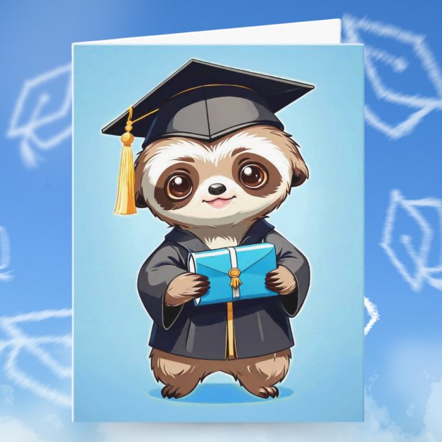 Cartão Chibis de Preguiça de Formatura Feliz  (Cheerful sloth chibis spark joy in adorable graduation celebration!)