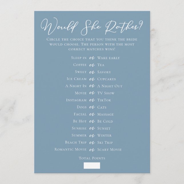 Cartão Chic Blue Downloadable Bridal Shower Guess Game (Frente)