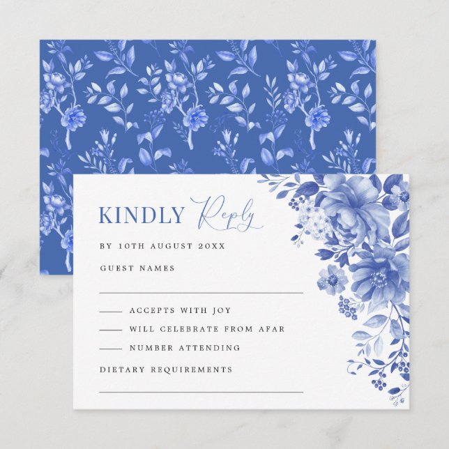 Cartão Chic Blue White Chinoiserie Floral Weding RSVP (Frente/Verso)