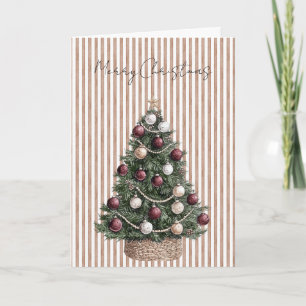 Cartão Chic Cream Brown Stripes Árvore de Natal