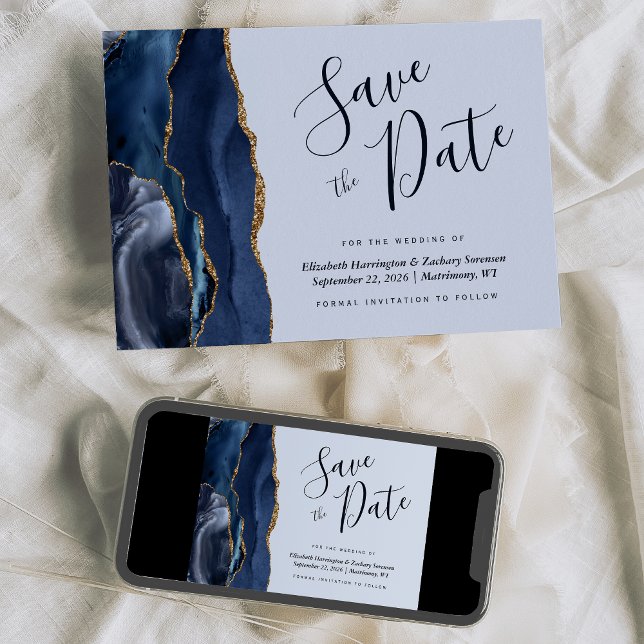 Cartão Chic de Save the Date em Azul Navy com Ágat (Criador carregado)