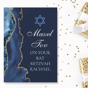 Cartão Chic Mazel Tov Azul Marinho Dourado Bat Mitzvah Pe