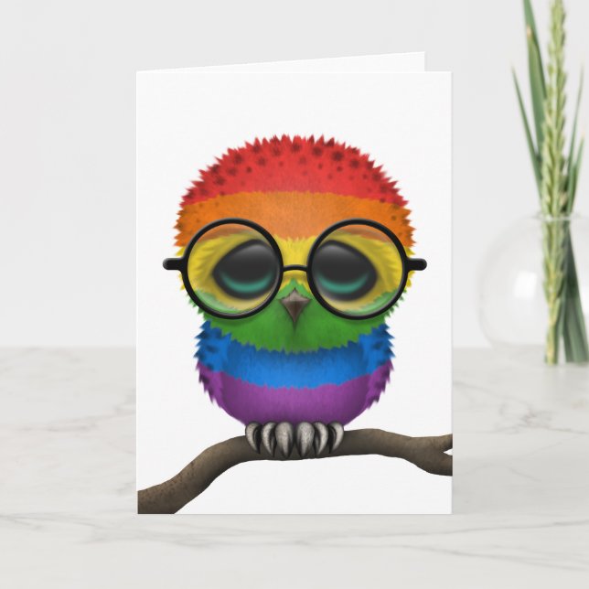 Cartão Chic Nerdy Rainbow Orgulho gay Baby Owl Personaliz (Frente)