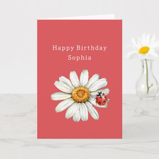 Cartão Chic Red White Daisy Flower Ladybug Birthday (Planta pequena)