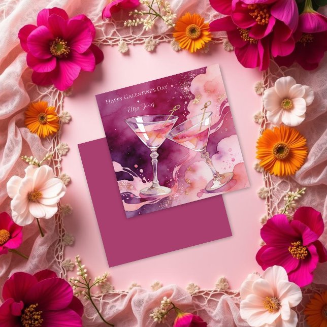 Cartão Chic Romantic Pink Martini Galentines Day (Glam Romantic Pink Martini Glasses Happy Galentine’s Day Cards.)