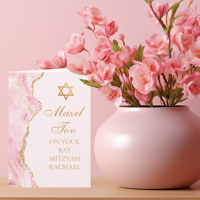 Cartão Chic Rosa Ágata Dourada Bat Mitzvah Mazel Tov (Criador carregado)