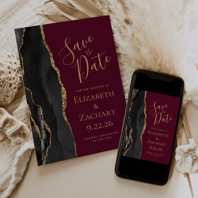 Cartão Chic Save the Date em Ágata Dourada Preta e (Criador carregado)